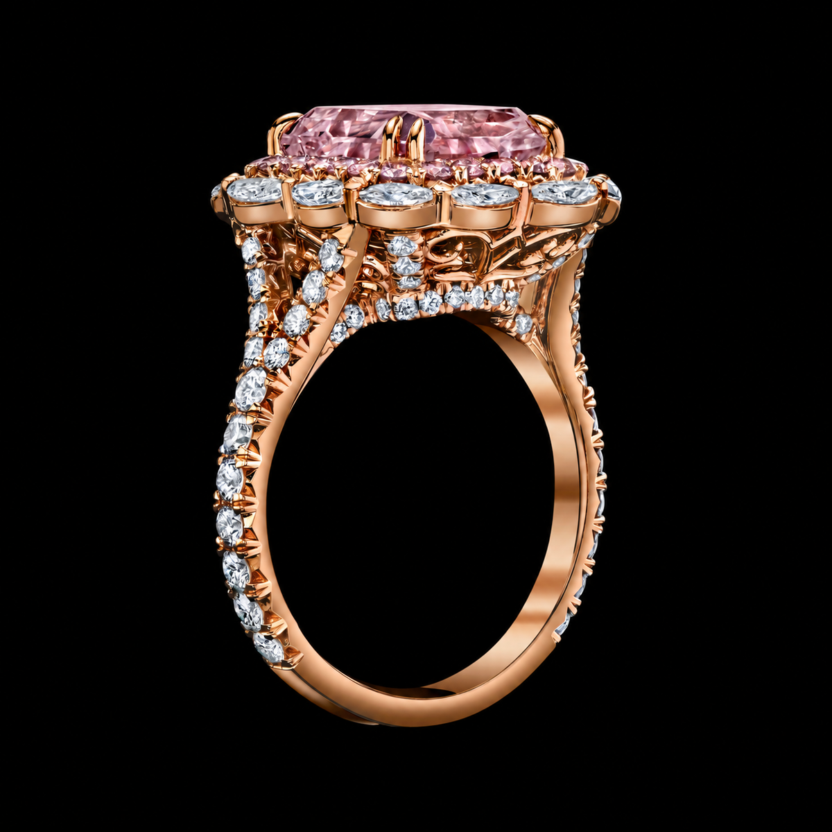 Briar Rose pink diamond ring, side view without floor reflection