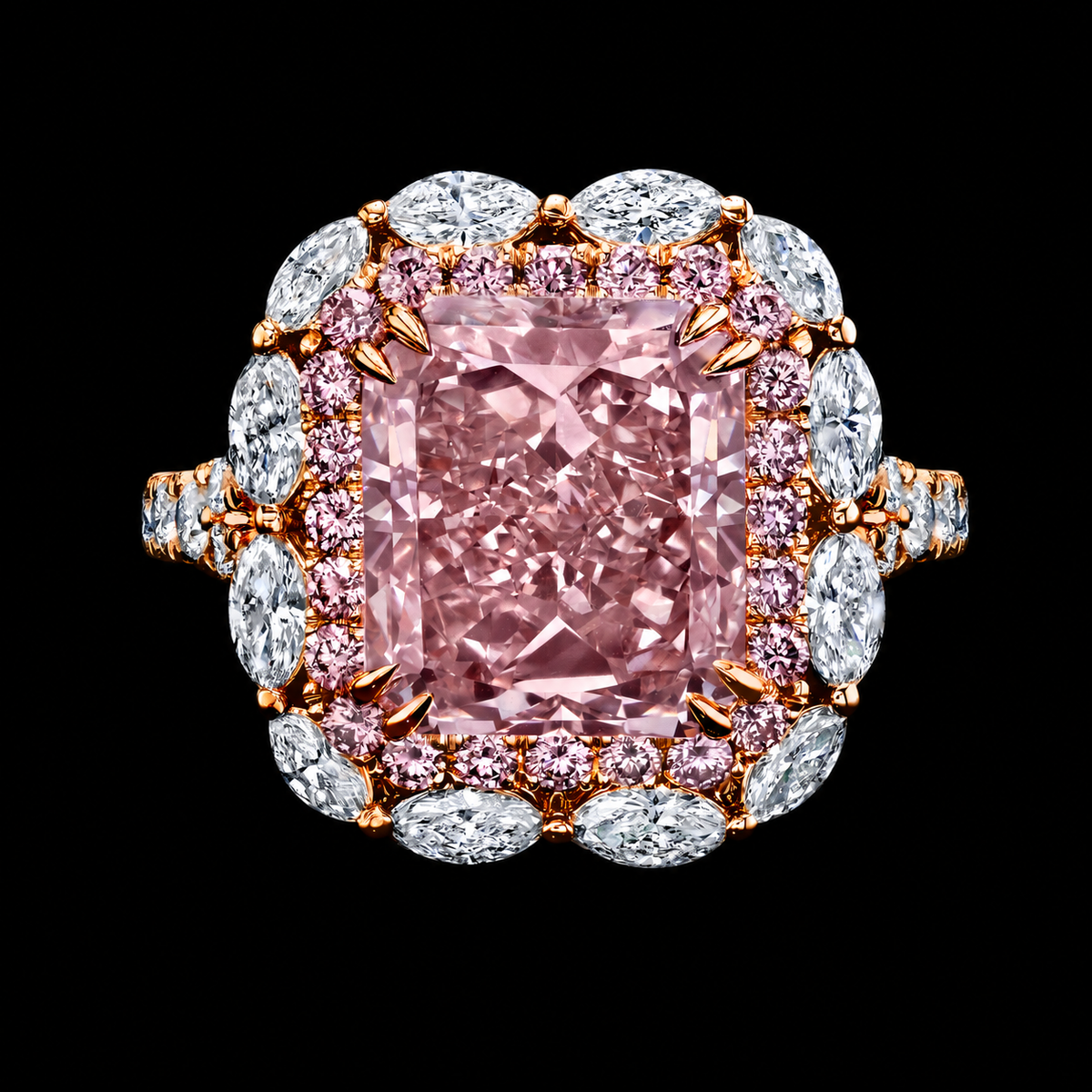 Briar Rose pink diamond ring, front view without floor reflection